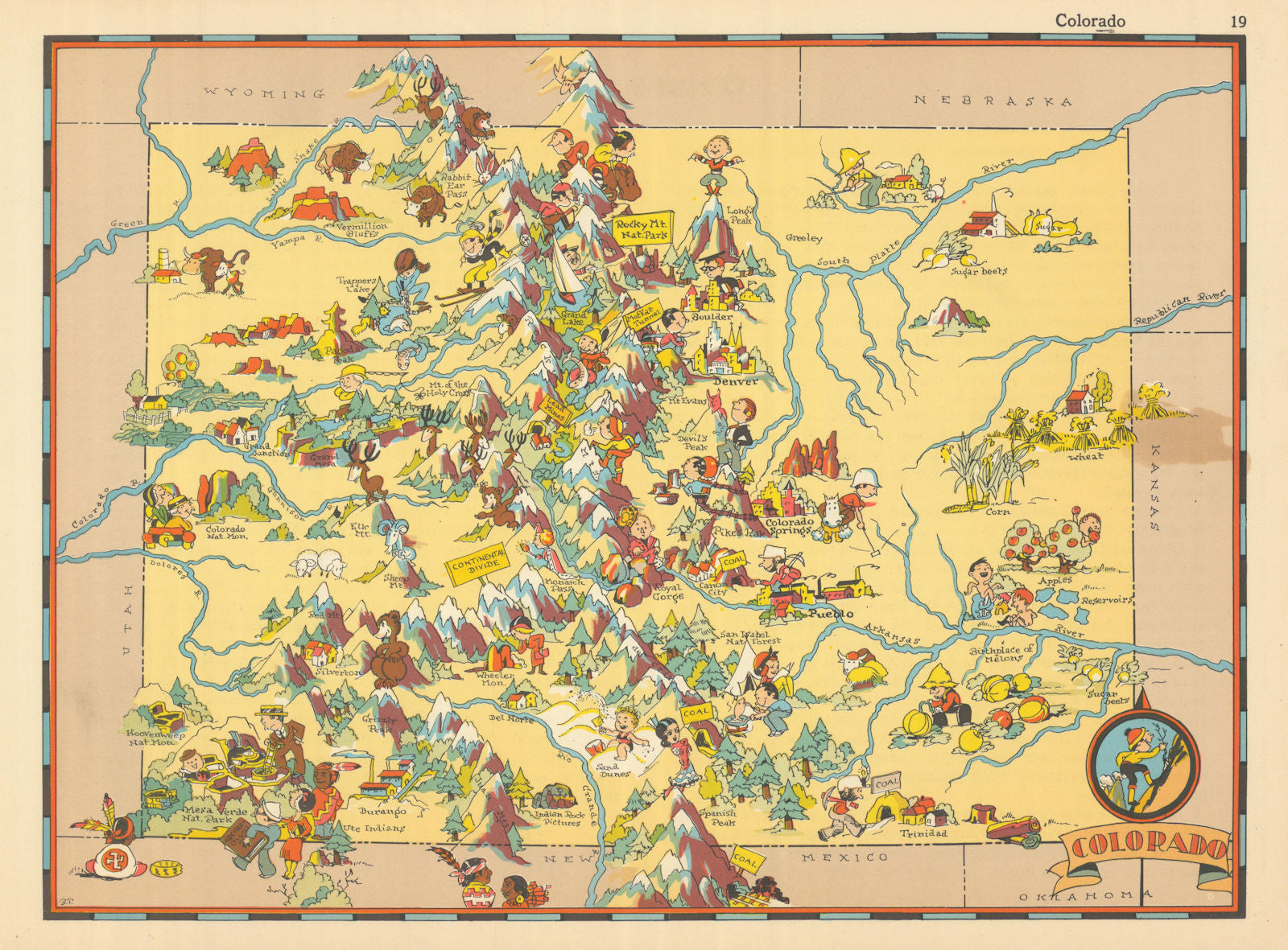 Colorado. Pictorial state map by Ruth Taylor White 1935 old vintage chart